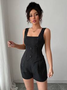 Chiquease 2 件套女士夏季条纹衬衫上衣和短裤套装 - 黑色 - 查看 3