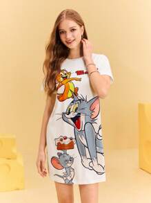 TOM & JERRY X SHEIN Round Neck Short Sleeve Slim Fit White Summer Comfortable, Casual Cartoon Cute Fun English Letters Ice Cream Cat And Mouse Pattern Women's Short Dress