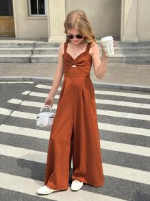 SHEIN Tween Girl 休闲度假粘胶纤维蝴蝶结扭纹吊带背心宽腿宽松连体裤，棕色