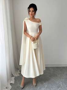 Selianne Floral Asymmetrical Neck Elegant Long Dress With Ribbon Detail For Women - Apricot - View 3
