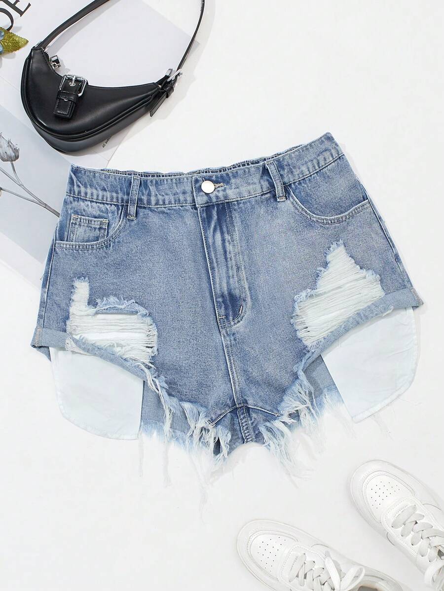 SHEIN Tall CURVE Plus Size Women Blue Denim Ripped Shorts Summer Vacation Cowgirl Western Wear Women Business Casual Woman Festival Airport Graduation Ibiza Beach Hawaii Concert Boho Rave Rave Festival Y2k Women Cowboy Streetwear Gyaru 2000s Disco Cargo Shorts High Waisted Shorts Ripped Jeans