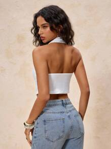 Glamine Women's Casual Solid Backless Halter Top - White - View 2