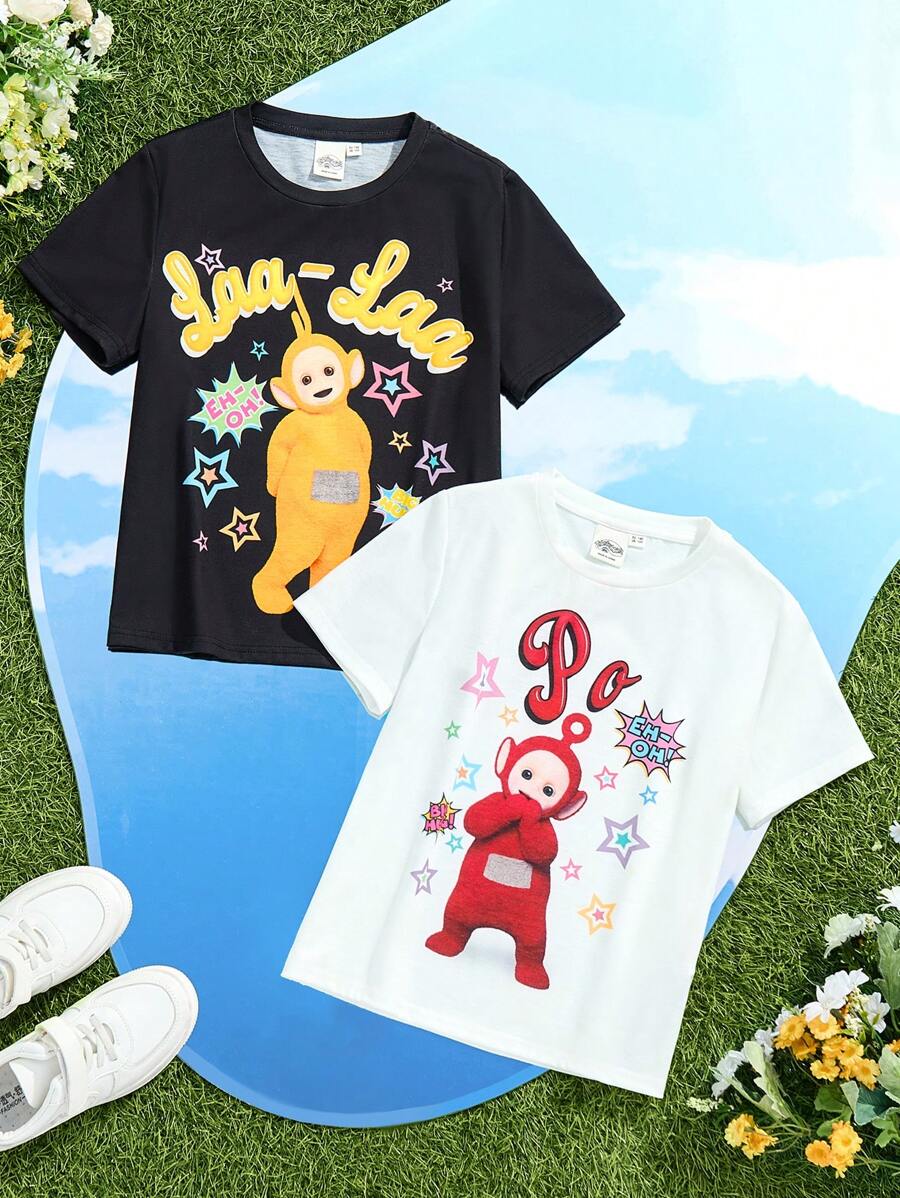 Teletubbies X SHEIN Tween Girl Multi-Pack Cartoon Po & Laa-Laa Print Crew Neck Short Sleeve T-Shirt, Multi-Color - Black and White - View 1