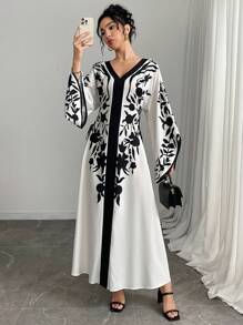 Yasmyna Abito elegante da donna con stampa floreale, maniche a campana con laccetti incrociati sui lati, abito caftan estivo modesto
