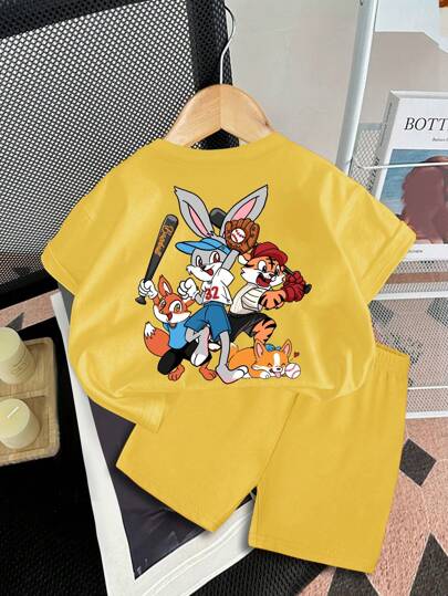 女婴休闲卡通印花短袖T恤和短裤套装，适合夏季