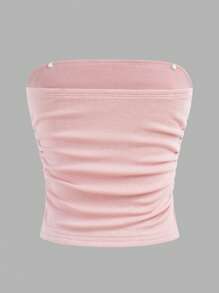 Tween Girl Versatile Casual Minimalist Sleeveless Ribbed Knit Crop Tube Top With Ruched Side - Baby Pink - View 2