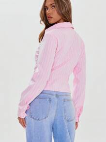 MUSERA Tailored Button Through Pinstripe Fitted Long Sleeve Shirt Business Casual Beach Holiday Airport Back To School Office Winter ,Elegant Valentines Day Spring Summer - Pink - View 3