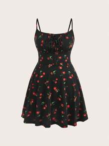 SHEIN EZwear Plus Size Cherry Print Flare Hem Slip Dress, Waist-Cinched A-Line, Suitable For Spring & Summer,Beach Dress Sundress,Holiday Outfits Boho,Corset Dress