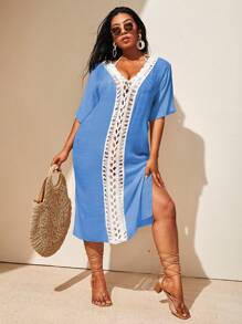 SHEIN Swim Curve Plus Size Handmade Crochet Short Sleeve Kaftan For Summer Beach Vacation