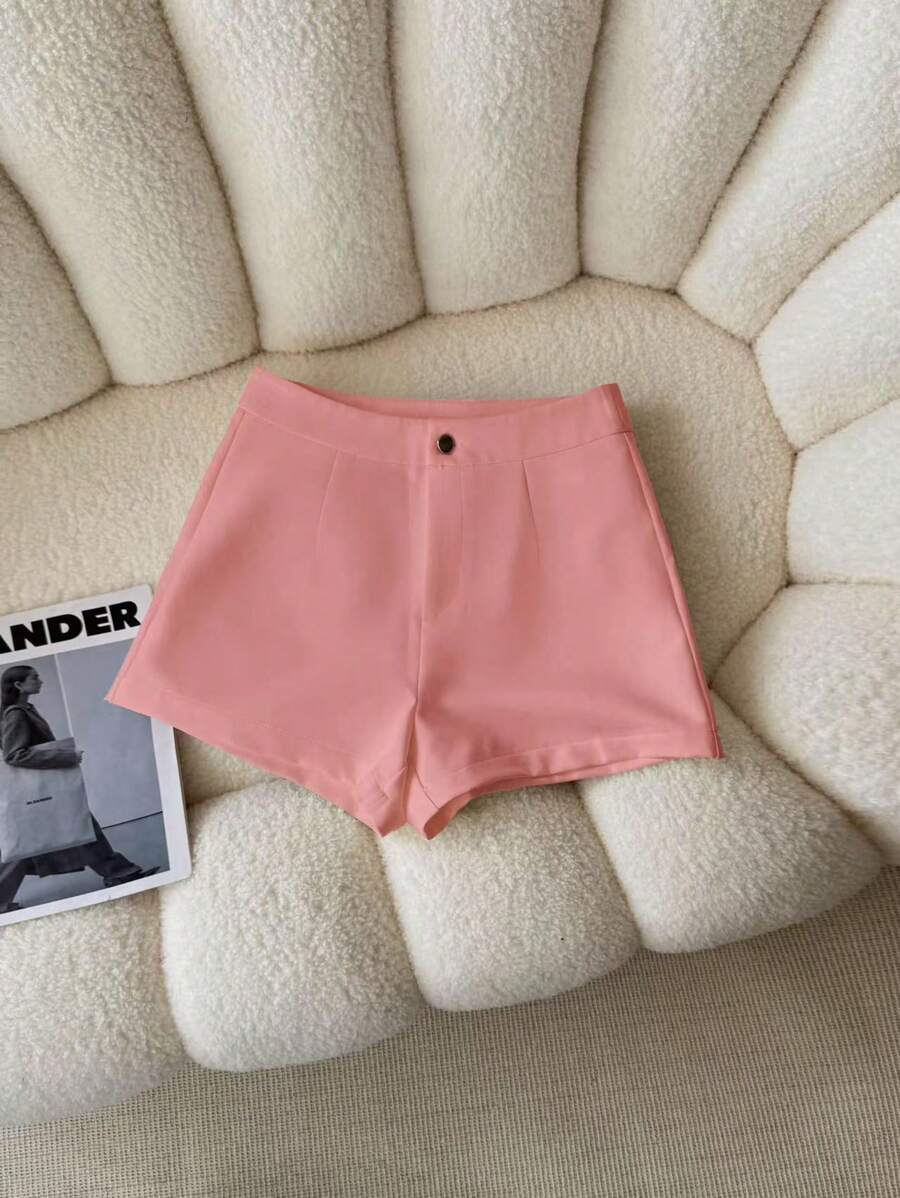 INAWLY Women's Plain Button Decorated Casual/Work Wear Shorts For Summer - Pink - View 1