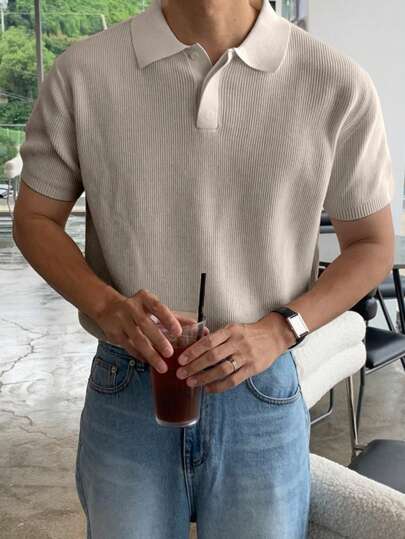 DAZY Suéter de punto de color sólido albaricoque con cremallera media para hombre en verano