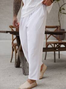 Manfinity Homme Plus Size Men's Casual Multipurpose Drawstring Waist Solid Color Linen Pants, White It Is Great For Couples And Makes An Excellent Gift Idea For Boyfriends Or Husbands, Fall - White - View 5