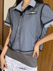 DAZY 2pcs/Set Women Summer Casual POLO Shirt & Checkered See-Through Mesh Splicing Suit Plaid - Blue - View 3