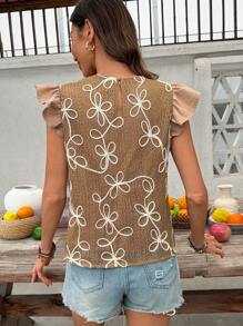 SHEIN Frenchy Women's Elegant Color Block Round Neck Ruffle Sleeve Blouse, Summer Brown - Khaki - View 2