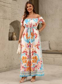 SHEIN Clasi Plus Size Women Floral Print Loose Fit Off Shoulder Jumpsuit - Multicolor - View 5