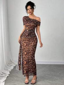 Rafferiza Women Elegant Leopard Print One Shoulder Net Flounce Pleated Fitted Dress - Coffee Brown - View 5