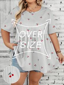 SHEIN CURVE+ Plus Size Women's Loose Cherry Graphic Print Striped Shirt For Beach Vacation Boho Vacationbeach Outfits For Woman/Beach Dress/Beach Vacation Outfits/Beach Essentials / Graduation/Tea Party Dresssummer/Country/Beach Vacation Outfits/Beach Outfits/Beach Wear