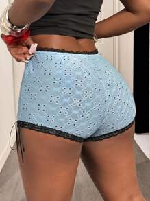 Slaydiva 2025 Spring/Summer New Arrival Elegant French Casual Music Festival Easter Western Nomadic Birthday Graduation Student Daily Basic Versatile Leisure Cruise Travel Beach Sunbath Viral Minimalist Casual Blue & Black Lace Trim Hollow Jacquard Tied Side Bow Cute Shorts