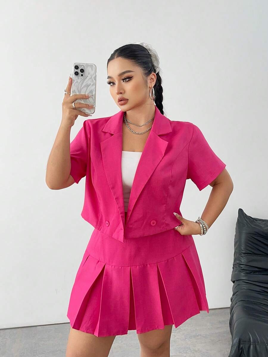 Flirla Plus Size Fashionable Casual Minimalist Set, Jacket + Pleated Mini Skirt, Rose Red - Hot Pink - View 1