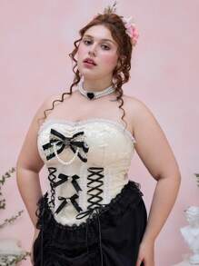 ROMWE Kawaii Plus Size Women Retro Palace Style Romantic Pearl Bow Ribbon Decorated Bustier Top - Apricot - View 6