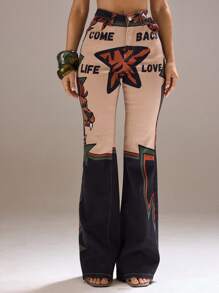 MUSERA 印花喇叭牛仔裤，适合音乐节、演唱会、锐舞派对、夜店、夏季、性感后台、伊比沙岛西部风情、秋季、冬季、纳什维尔秋季时尚风。 - 彩色 - 查看 1