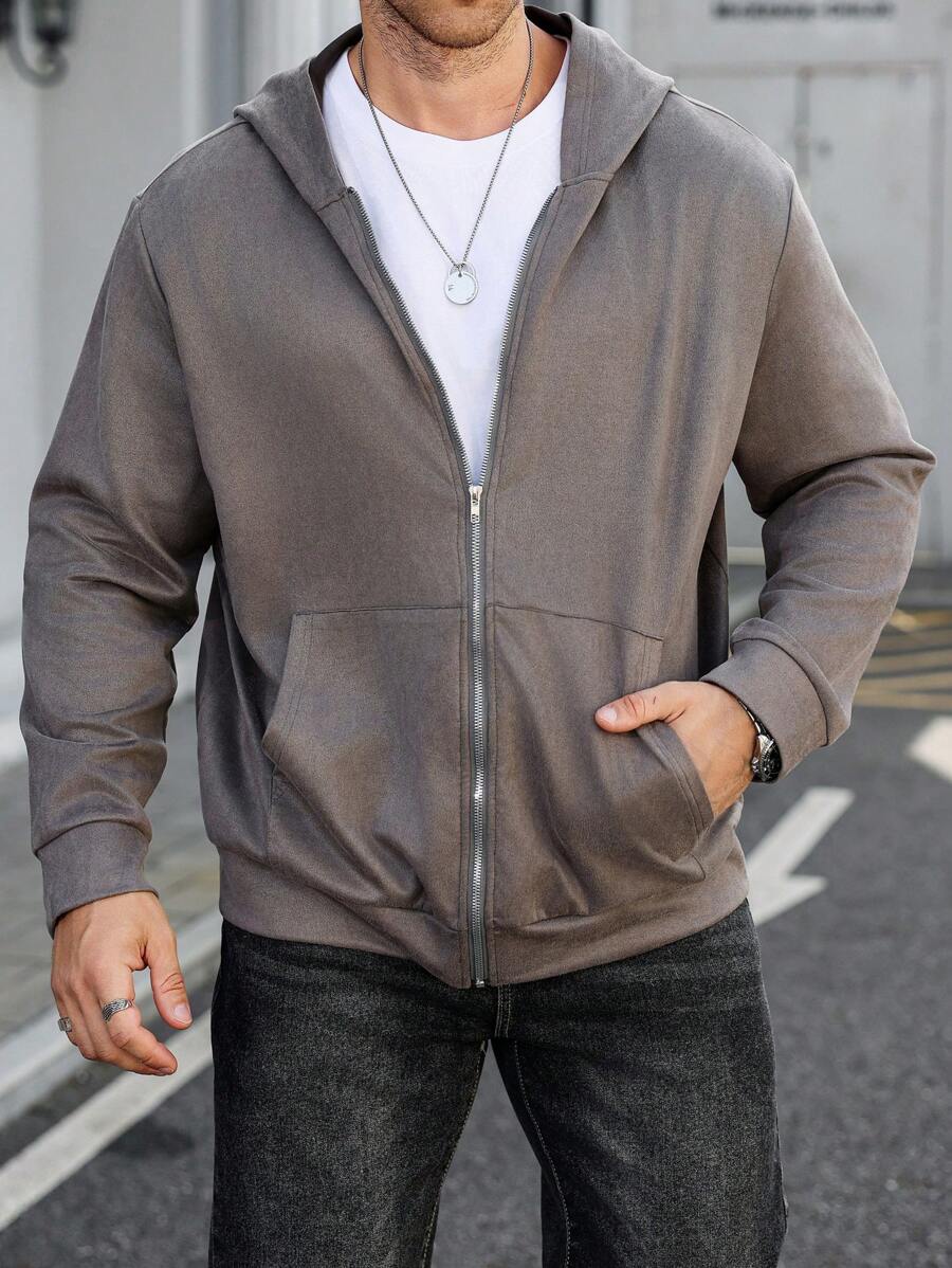 Manfinity Homme Plus Size Men's Zip-Up Hoodie Sweatshirt Long Sleeve, Fashionable For Summer - Grey - View 1