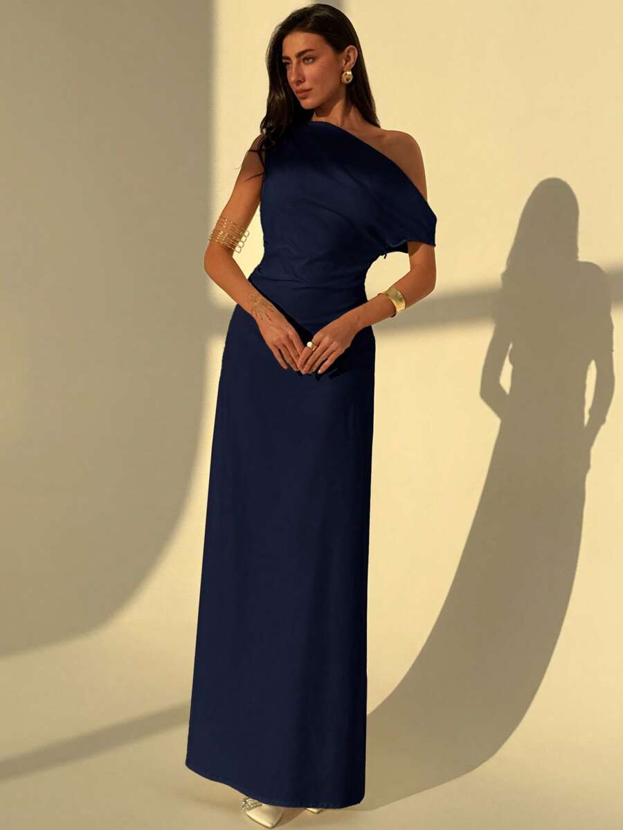 Aloruh Elegant Asymmetrical Neck Waist Ruched A-Line Dress, Slim Fit, Solid Color, Simple Office Wear, Beige - Navy Blue - View 1