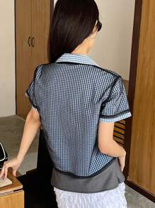 DAZY 2pcs/Set Women Summer Casual POLO Shirt & Checkered See-Through Mesh Splicing Suit Plaid - Blue - View 5