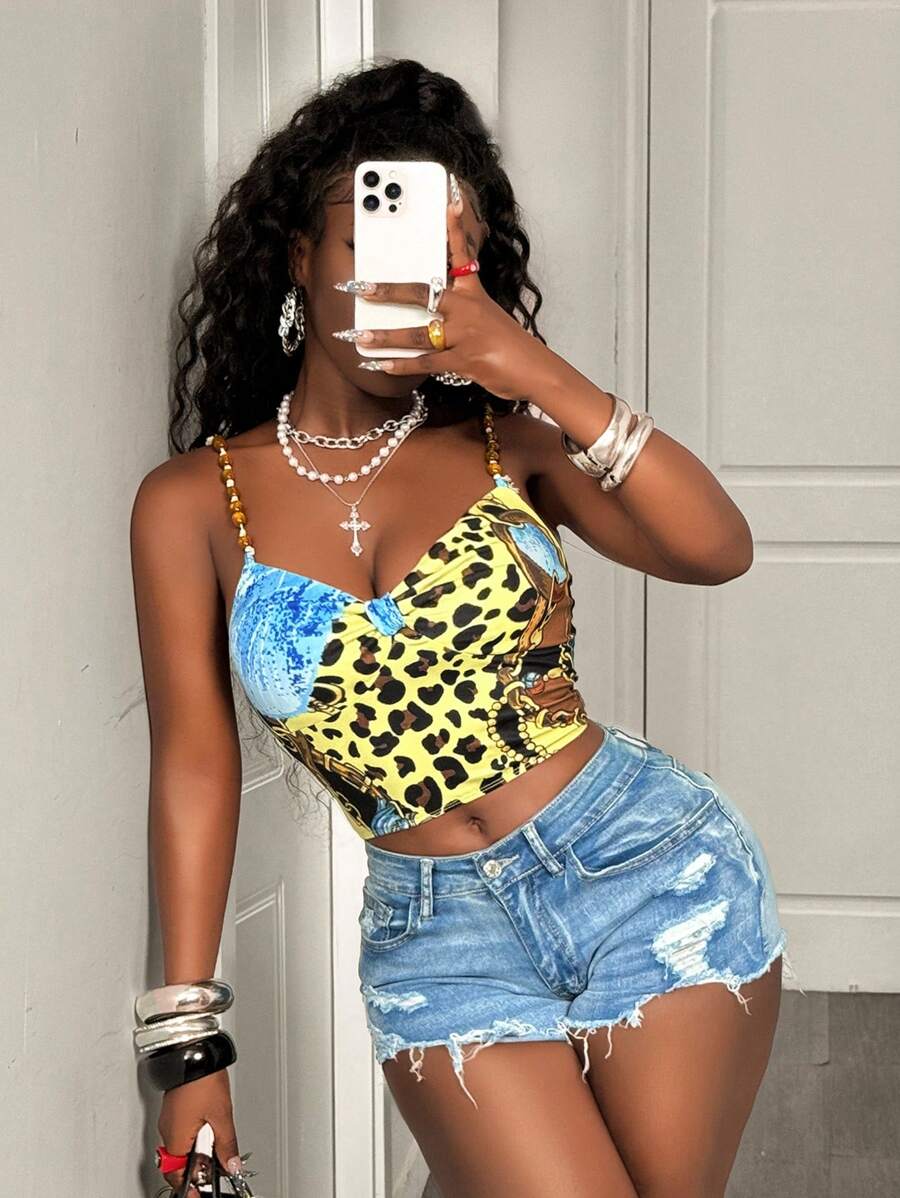 BamGleam Women's Blue Floral Print Cropped Camisole Vest