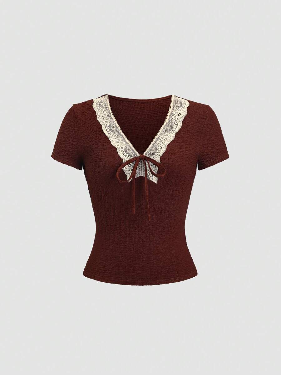 Sweetra 复古纹理褶皱 V 领修身短袖系带 T 恤，夏季 - 棕色 - 查看 1