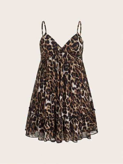 SHEIN EZwear 大码女式雪纺豹纹休闲假日吊带裙