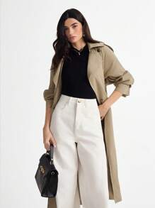 SHEIN x Tata & Beatriz Daynim Calça Sarja Feminina Wide Leg Cintura Alta Off - Branco - Visão 6