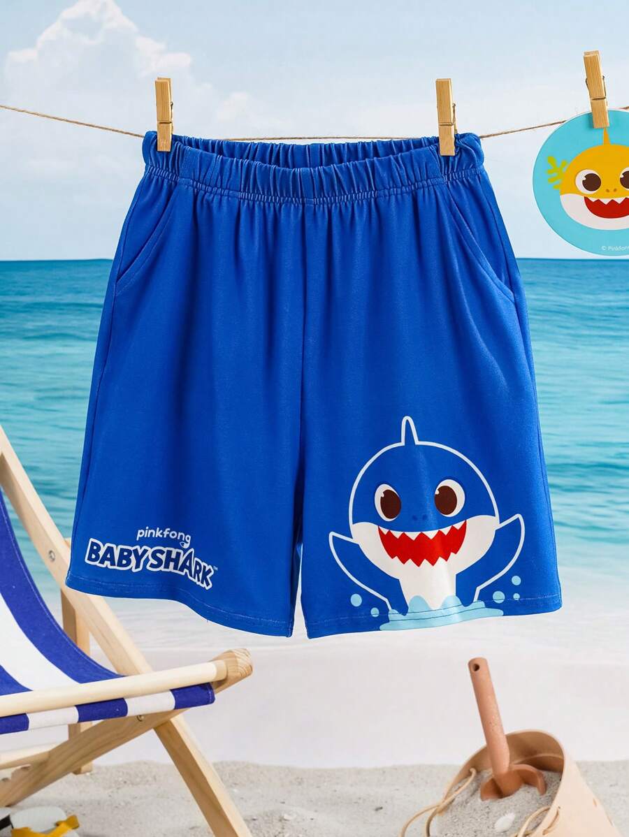 BABY SHARK X SHEIN Tween Boy Cartoon Shark Print Loose Blue Casual Shorts - Blue - View 1