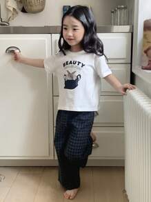 DAZY Young Girl Letter & Rabbit Graphic Short Sleeve T-Shirt And Plaid Pants Pajamas Set,Girls Summer Outfits - Blue - View 6