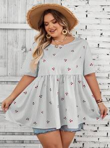 SHEIN CURVE+ Plus Size Women's Loose Cherry Graphic Print Striped Shirt For Beach Vacation Boho Vacationbeach Outfits For Woman/Beach Dress/Beach Vacation Outfits/Beach Essentials / Graduation/Tea Party Dresssummer/Country/Beach Vacation Outfits/Beach Outfits/Beach Wear
