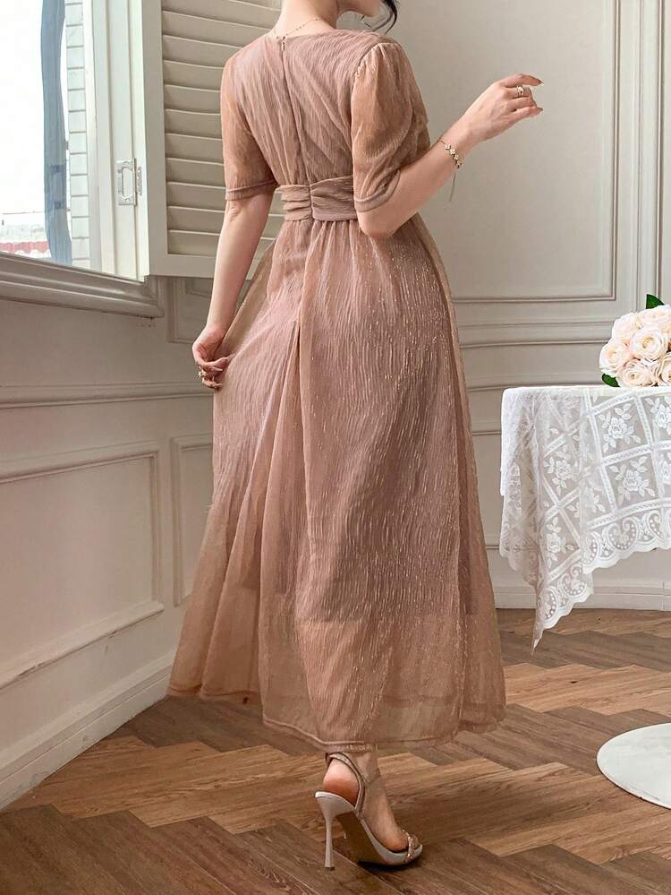 Elegant Solid Color V-Neck Ruched Midi Dress For Women, Summer