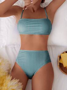 Swim Vcay 女式随机条纹印花露背短款上衣和高腰性感比基尼泳裤两件套泳衣套装，休闲度假 - 彩色 - 查看 4