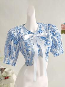 SHEIN MOD Top halter com estampa floral vintage, camisa de verão, camisa elegante, camisa boêmia, roupa feminina estilo resort - Multicolorido - Ver 4