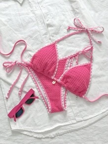 Swim Mod Women's Solid Color Jacquard Fabric With Ruffle Trim Strap Tie 2 Pcs Pink Bikini Set, Summer - Pink - View 1