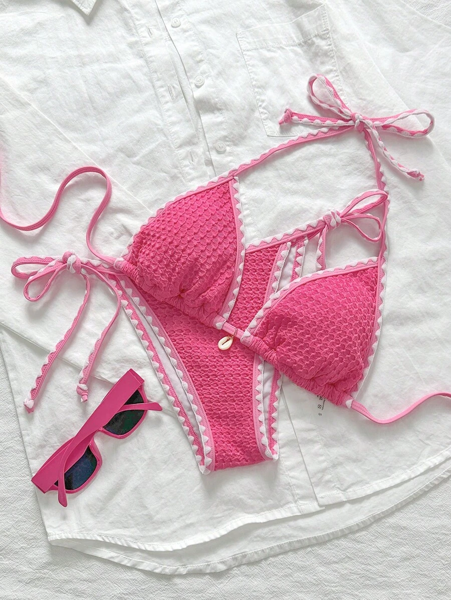 Swim Mod Women's Solid Color Jacquard Fabric With Ruffle Trim Strap Tie 2 Pcs Pink Bikini Set, Summer - Pink - View 1