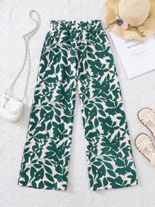 SHEIN Leap Crew Tween Girls' Loose Casual Ruffled Leaf Print High Waist Wide Leg Pants, Resort Wear - Green - View 4
