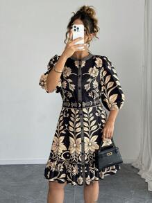 Elenzga 女式波西米亚风格西部假日黑色圆领中长印花连衣裙，夏季 - 黑色 - 查看 5