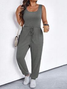 SHEIN LUNE Plus Size Solid Color Crew Neck Sleeveless Jumpsuit With Pockets, Casual For Summer - Dark Grey - View 3