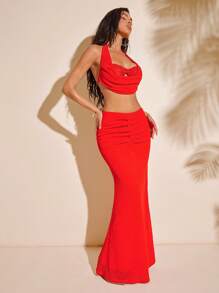 Hauture 性感度假针织细钩针褶皱长裙 - 紅色 - 查看 3