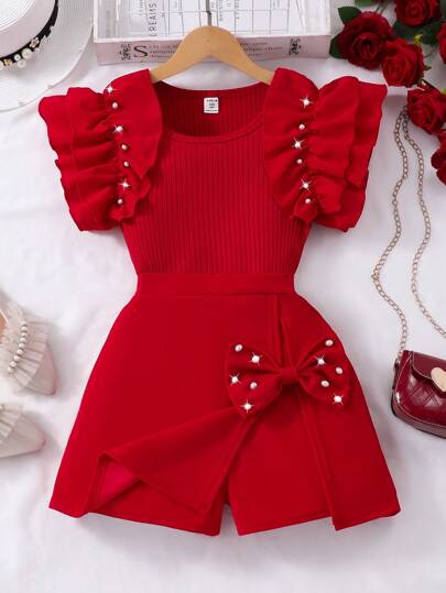 Tween GirlsRibbed Sleeveless Pearl Ruffle Top And Solid Bow Skirt 2 Pieces Casual Set For Summer
