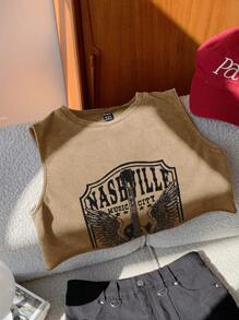 Comfortcana Summer Rave Outfits     Khaki Guitar & Letter Print Crop Tank Top - Khaki - View 6