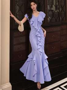 DAZY SHEIN X Hannahelzahed Women Ruffle Splice Gather Hem Fish Tail Dress, Elegant Sexy Music Festival Summer Long Party Dress, For Graduation Dress Cocktail Dress - Purple - View 1