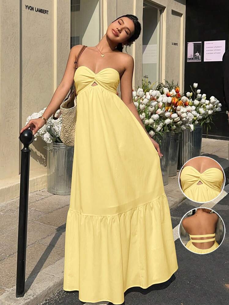 MainGRL Vestido largo sin tirantes estilo bohemio, color amarillo girasol, primavera/verano - Amarillo - Añade 1