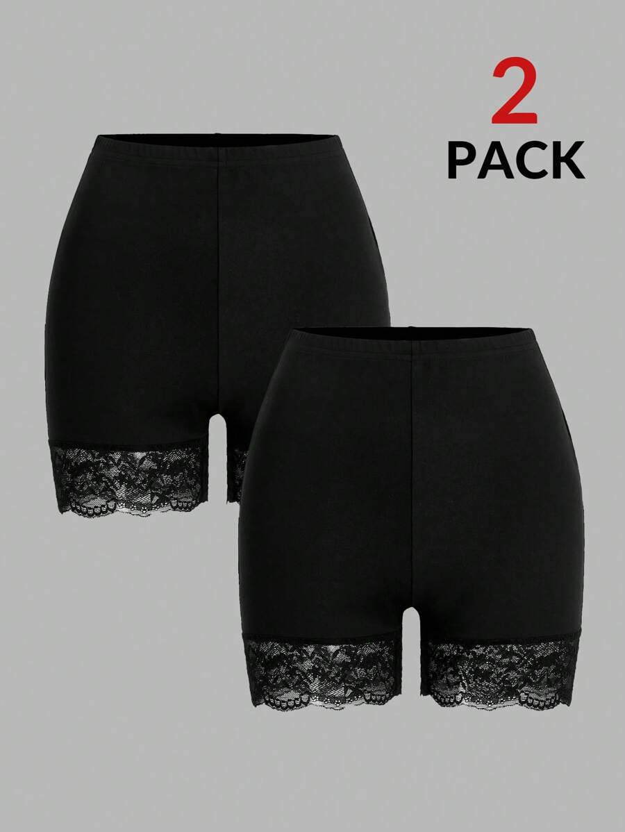 SHEIN PETITE 2pcs Contrast Lace Leggings Set, Summer - Black - View 1