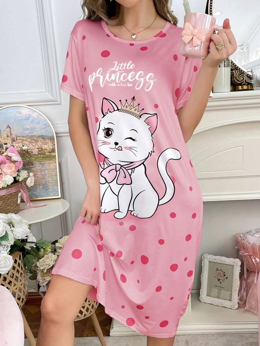 Women's Cute Cat & Polka Dot Letter Print Nightgown, Moo Moo - Multicolor - View 1